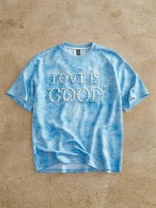 Manfinity BRENVOR Heavy Embellished Pearls & Slogan Print Men's T-Shirt, Summer - Blue - View 3
