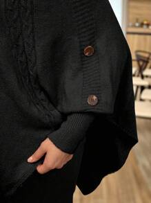 EMERY ROSE 女士加大码纯色针织纽扣领蝙蝠袖长袖高领斗篷毛衣，修身优雅，适合秋冬季节穿着。 - 黑色 - 查看 4