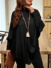 EMERY ROSE 女士加大码纯色针织纽扣领蝙蝠袖长袖高领斗篷毛衣，修身优雅，适合秋冬季节穿着。 - 黑色 - 查看 6