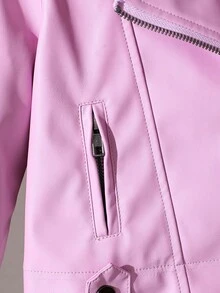 Elladie kids 女童春秋季拉链铆钉机车夹克，时尚休闲风衣机车夹克仿皮夹克女童粉色皮夹克女童拉链夹克少女皮夹克秋冬 - 粉色 - 查看 5