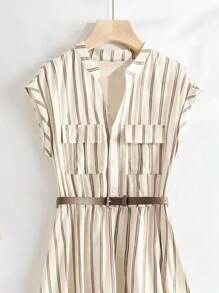 Franclia 女士休闲条纹印花缺口领短袖连衣裙，适合度假 - 杏色 - 查看 5