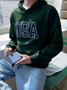 SHEIN Tween Boy Letter Print Drop Shoulder Long Sleeve Sweatshirt With Pockets,In Fall/Winter - Green - View 1