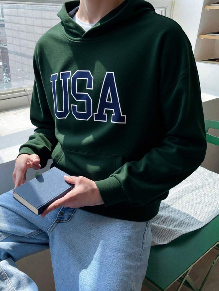 SHEIN Tween Boy Letter Print Drop Shoulder Long Sleeve Sweatshirt With Pockets,In Fall/Winter - Green - View 1