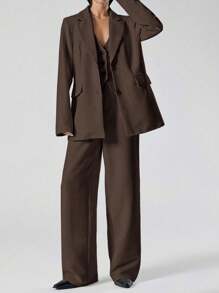 LYSMO 3 件套女士棕色镂空领长袖休闲西装外套、背心和裤子 - 棕色 - 查看 4