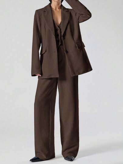 LYSMO Bộ 3 áo khoác blazer dài tay cổ khoét màu nâu cho nữ, áo vest và quần