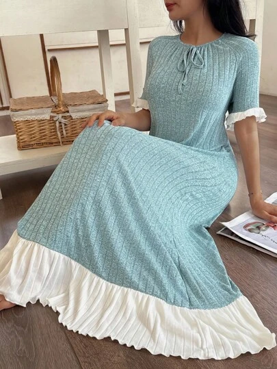 SHEIN 女式宽松休闲拼色荷叶边短袖针织休闲连衣裙