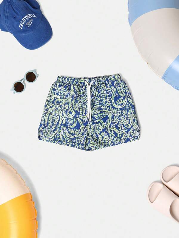 SUMWON Summer Beachwear Shorts Boys Floral Pattern Bermuda Swimming Trunks Adjustable Drawstring Resort Vacation Pool Casual Boardshorts