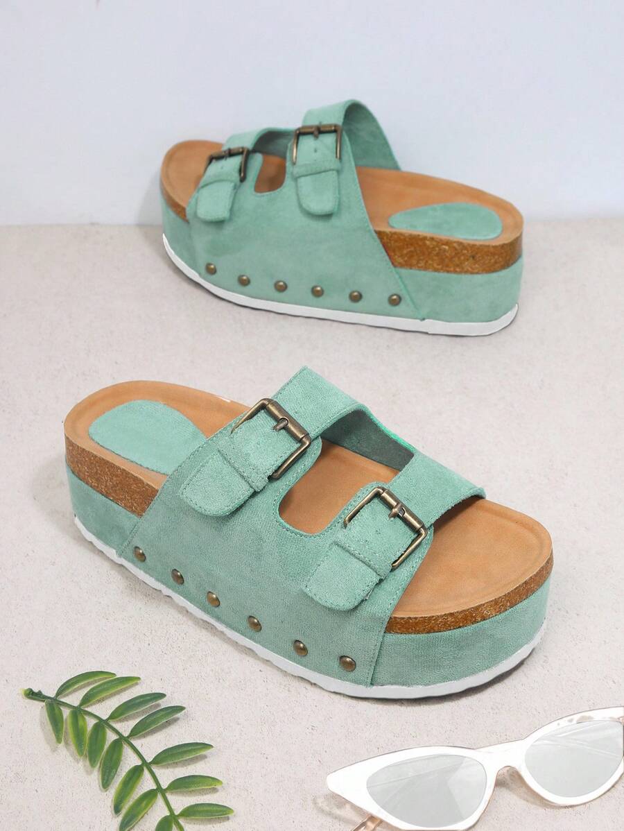 SHUZIA Open Toe Double Buckle Flatform Sliders Summer Shoes Spring Shoes Spring Break Easter Vacation Shoes Casual Shoes Beach Shoes Mother's Day Present - Mint Green - View 1