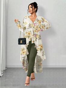 Elenzga Set de 2 piezas para mujer talla grande: Blusa de manga larga con escote en V y cinturón con estampado floral de gasa y leggings ajustados