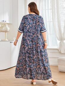 Al Najma Casual Allover Print V-Neck Short Sleeve Loose Regular Dress For Plus Size Women, Spring/Summer - Multicolor - View 2