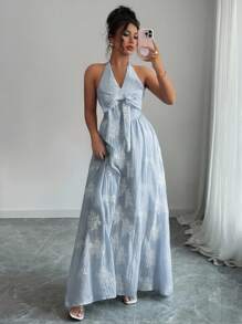 Elenzga Women's Floral Jacquard Knotted Front Sleeveless Midi Dress, Random Print