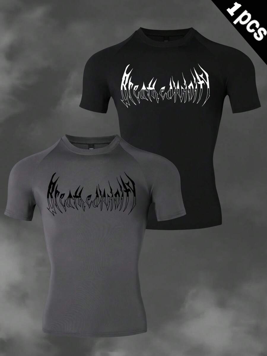 Manfinity Sport Corelite Men's Casual Printed Round Neck Raglan Sleeve T-Shirt Workout Clothes Running Tees & Tanks, Graphic Compression Shirt, Compression Shirts, Men Compression Tops Compression Shirt Men - Dark Grey - View 1