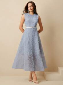 Anewsta Đầm midi không tay thiết kế thanh lịch cho nữ, trang trí hoa nhiều lớp, thắt eo ngọc trai, thích hợp cho mùa xuân, mùa hè, lễ hội, tốt nghiệp - Màu xanh lam - Xem 3