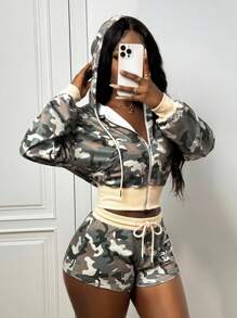 Slaydiva 2025 新款夏季秋冬街头休闲迷彩印花连帽开襟长袖短外套 + 迷你短裤女两件套，适合毕业季、早午餐装、日常旅行、旅行、朋友聚会、返校、摇滚、街头、音乐会、节日、购物、辣妹-A - 彩色 - 查看 11