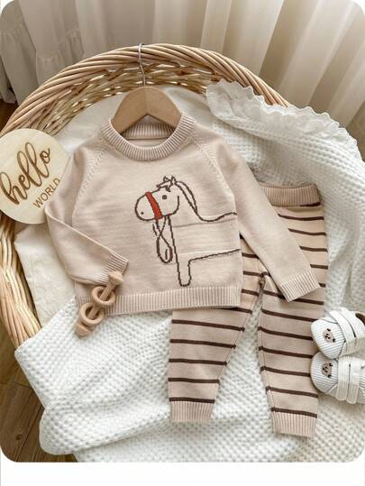 SHEIN Beige Toddler Boys/Girls Winter Cute Cartoon Animal Intarsia Knit Soft Crew Neck Sweater Top And Pants 2 Pieces Set