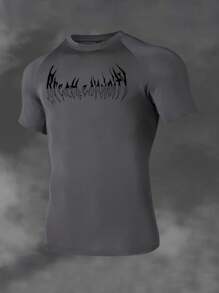 Manfinity Sport Corelite Men's Casual Printed Round Neck Raglan Sleeve T-Shirt Workout Clothes Running Tees & Tanks, Graphic Compression Shirt, Compression Shirts, Men Compression Tops Compression Shirt Men - Dark Grey - View 3