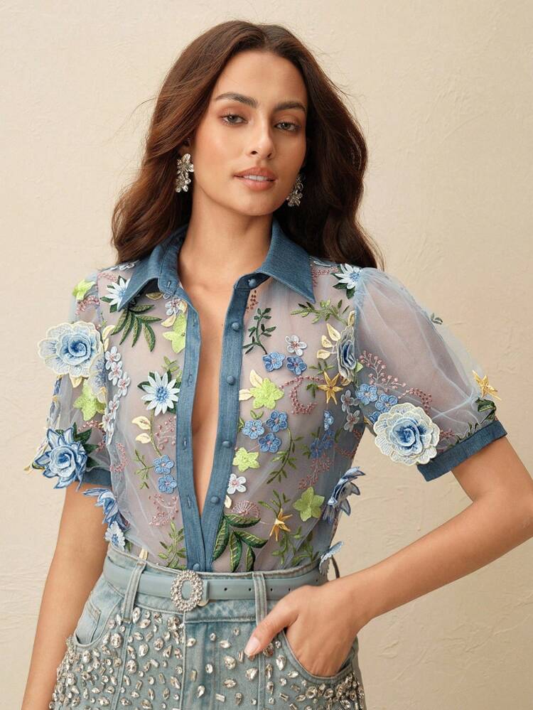 女性用 ブルー 単列ボタン フローラル刺繍 パフスリーブシャツ
