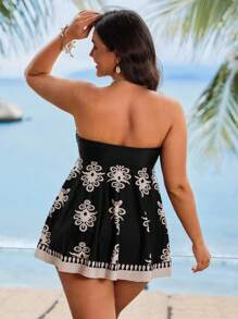Swim Lushoire Plus Size Women Simple Bohemian Print Tankini Top, Suitable For Everyday Wear In Summer - Multicolor - View 2