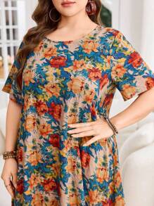 Lacomfia 花卉印花宽松休闲短袖连衣裙，春夏，大码 - 彩色 - 查看 4
