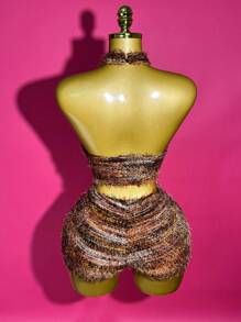 Slaydiva 2 件套 2025 春夏新款休闲街头风格性感毛绒纹理无袖高领露背短款上衣 + 条纹毛绒紧身迷你裙，适合音乐节、复活节、毕业典礼、日常穿着 - 彩色 - 查看 2