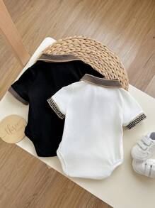 2件套新生儿男女宝宝休闲学院风V领针织小logo印花连体衣套装，夏季派对及户外活动服 - 彩色 - 查看 2