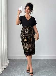 Auvina Plus Size Women Patchwork Floral Lace Hem Overlap V-Neck Short Sleeve Elegant Dress - Multicolor - View 4