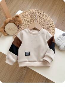 男婴休闲可爱舒适针织袖拼接圆领长袖运动衫，适合外出、上学、日常聚会、秋冬季 - 彩色 - 查看 1