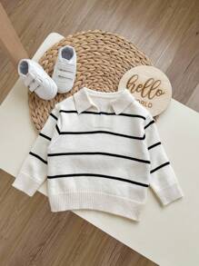 SHEIN Suéter de punto informal de media cremallera con cuello para bebé niño/niña con rayas multicolores - Albaricoque - Ver 3
