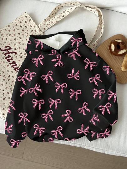 SHEIN 女童休闲简约甜美粉色豹纹蝴蝶结印花宽松圆领舒适日常卫衣，适合秋冬季节穿着。蝴蝶结上衣，女童衬衫，儿童衬衫，蝴蝶结卫衣