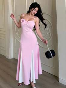Modelyn 女式撞色细肩带花卉装饰无袖优雅拖地长裙，夏季 - 粉色 - 查看 1