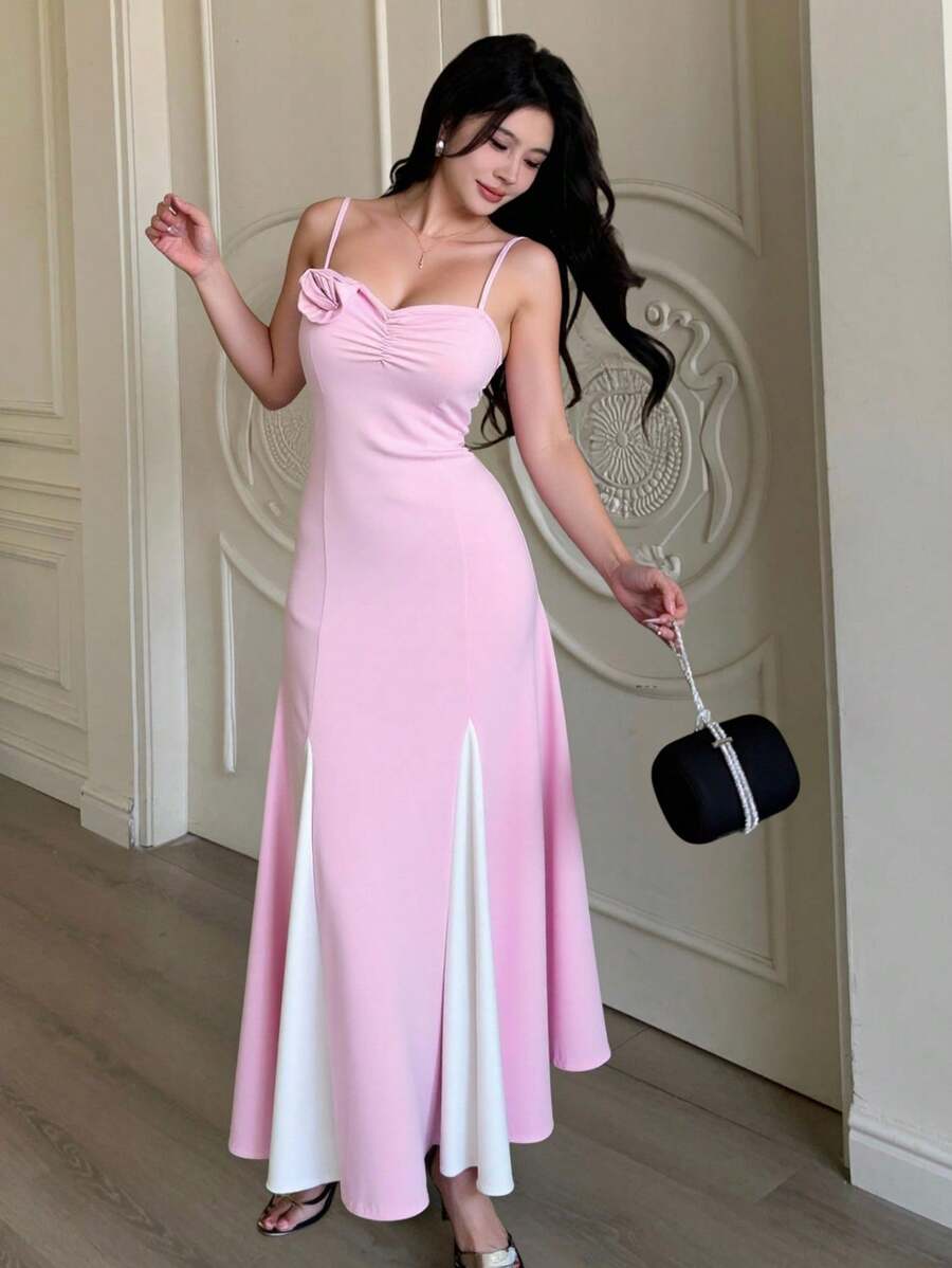 Modelyn 女式撞色细肩带花卉装饰无袖优雅拖地长裙，夏季 - 粉色 - 查看 1