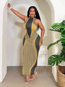 Veslaya 2025 Spring/Summer New Arrival Plus Size Women Dress, Casual/Resort/Tropical Vacation/Music Festival/Road Trip/Date/ Holiday/Party/Sexy Club Outfit, Street Fashion Fitted Mandarin Collar Sleeveless Yellow & Black Abstract Tech Symmetrical Color Blocking Midi Dress - B Plus Size Bodycon Dress Curve Summer Dresses Bodycon Maxi Dress - Yellow - View 5