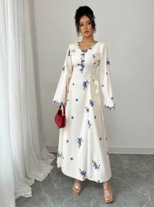 Yasmyna Women's Woven Floral Print Ruffle Tie-Waist A-Line Arabic Dress - Blue - View 3