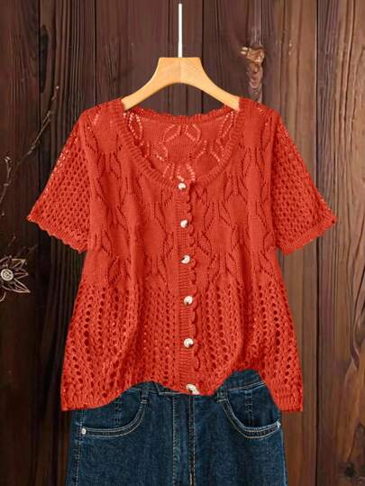 Linhara Plusstorlek Dam Enfärgad Stickad Rund Hals Ihålig Enkelknäppt Kortärmad Beskuren Avslappnad Lätt Kofta, Vår/Sommar