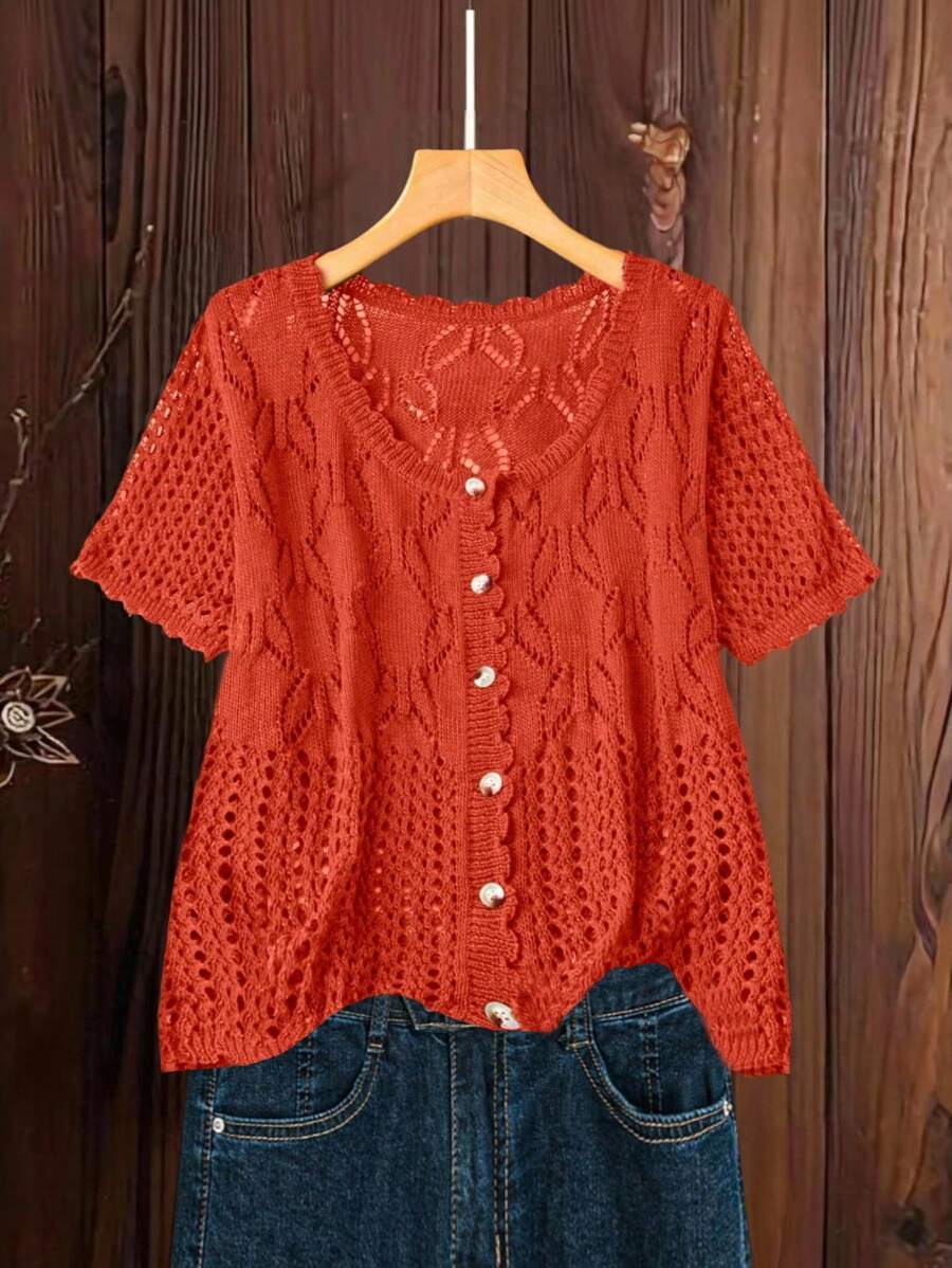 Linhara Plus Size Women Plain Knit Round Neck Hollow Single-Breasted Short Sleeve Cropped Casual Lightweight Cardigan, Spring/Summer