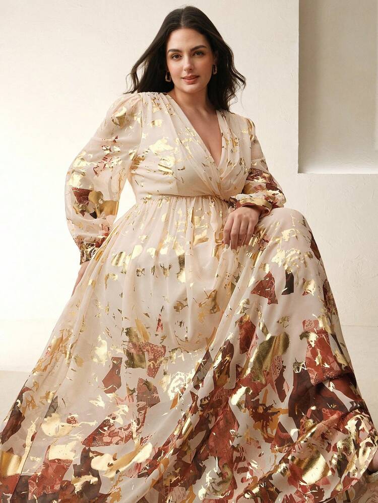 Elegant Sheer Sleeve Criss-Cross Collar Long Formal Printed Dress For Women