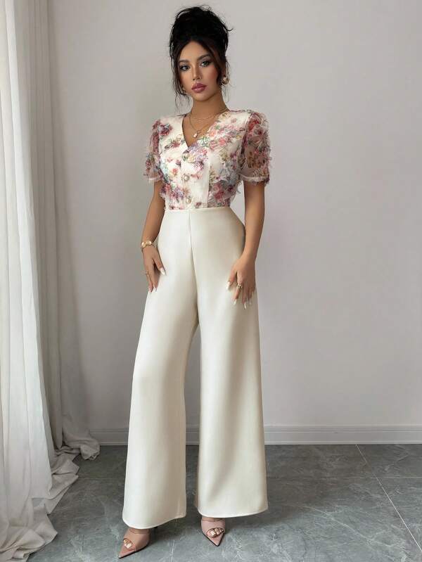 Airlisse Elegante tuta da donna con vita arricciata, bottoni e stampa floreale, realizzata in tessuto pesante