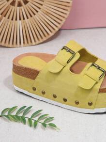 SHUZIA 圓頭雙搭扣厚底拖鞋 - 橄欖綠 - 查看 3