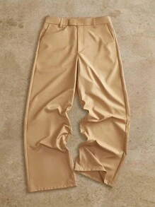 Manfinity BRENVOR Men's Khaki Casual Pants Long Woven Fabric Trousers With Zipper Detail For Everyday Wear - Khaki - View 1