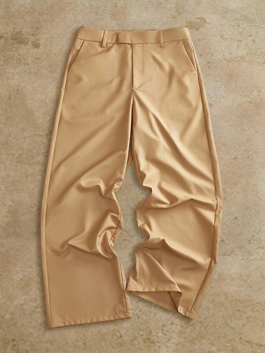 Manfinity BRENVOR Men's Khaki Casual Pants Long Woven Fabric Trousers With Zipper Detail For Everyday Wear - Khaki - View 1