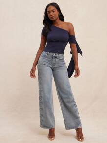 NYA SZN Blusa a maniche corte con dettaglio manica annodata asimmetrica, aderente, adatta per occasioni speciali, appuntamenti, matrimoni, feste, vita corta, basic, casual, uscite, stile boho, fairycore, spalle scoperte, blu navy, statement, festival, carnevale - Blu Navy - Visualizzare 4