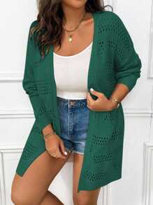 Calvaya Cárdigan casual largo y sólido con diseño calado para tallas grandes