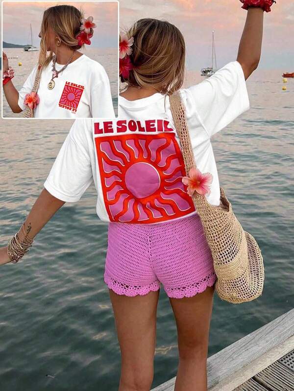 DrmWander T-shirt décontracté à manches courtes avec imprimé soleil pour femme, idéal pour les vacances