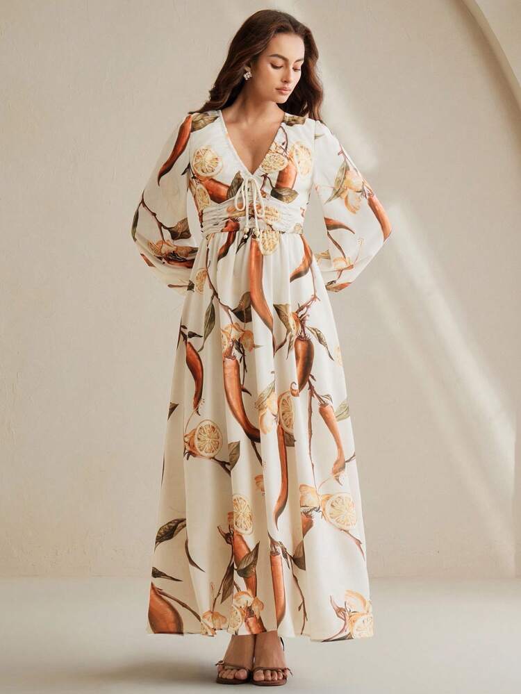 V-Neck Lantern Sleeve Drawstring Chest Design Slim Waist Elegant Lady Long Dress For Outdoor Wear