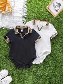 2件套新生儿男女宝宝休闲学院风V领针织小logo印花连体衣套装，夏季派对及户外活动服 - 彩色 - 查看 6