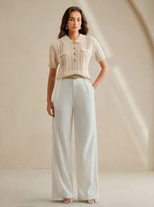 Anewsta 女式针织休闲修身马球领纹理套头衫 - 杏色 - 查看 5