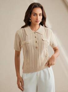 Anewsta 女式针织休闲修身马球领纹理套头衫 - 杏色 - 查看 6