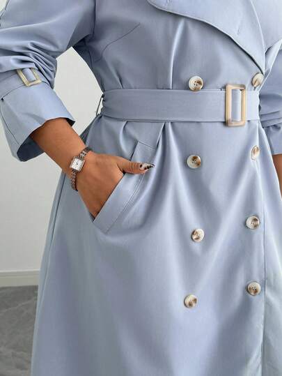 Elenzga Plus Size Fashionable Casual Vintage Style Lapel Double Breasted Classic Mid-Length Trench Coat, Suitable For Daily Wear, Business, Vacation Winter Fall Autumn