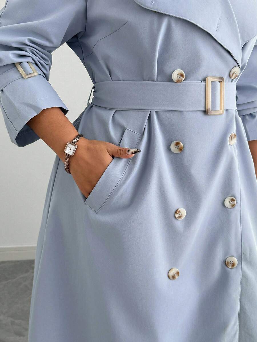 Elenzga 大码时尚休闲复古风格翻领双排扣经典中长款风衣，适合日常穿着、商务穿着、度假穿着