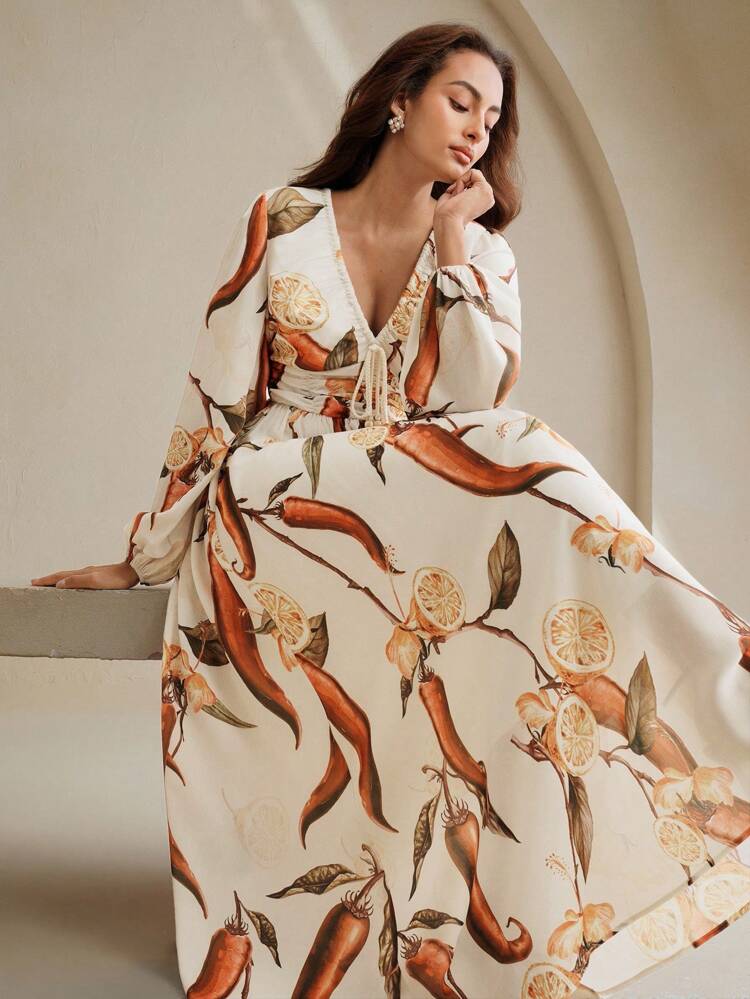 V-Neck Lantern Sleeve Drawstring Chest Design Slim Waist Elegant Lady Long Dress For Outdoor Wear